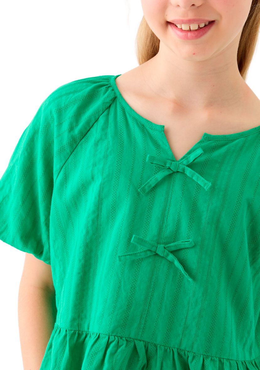Girls 7-16 Bow Front Puff Sleeve Babydoll Top