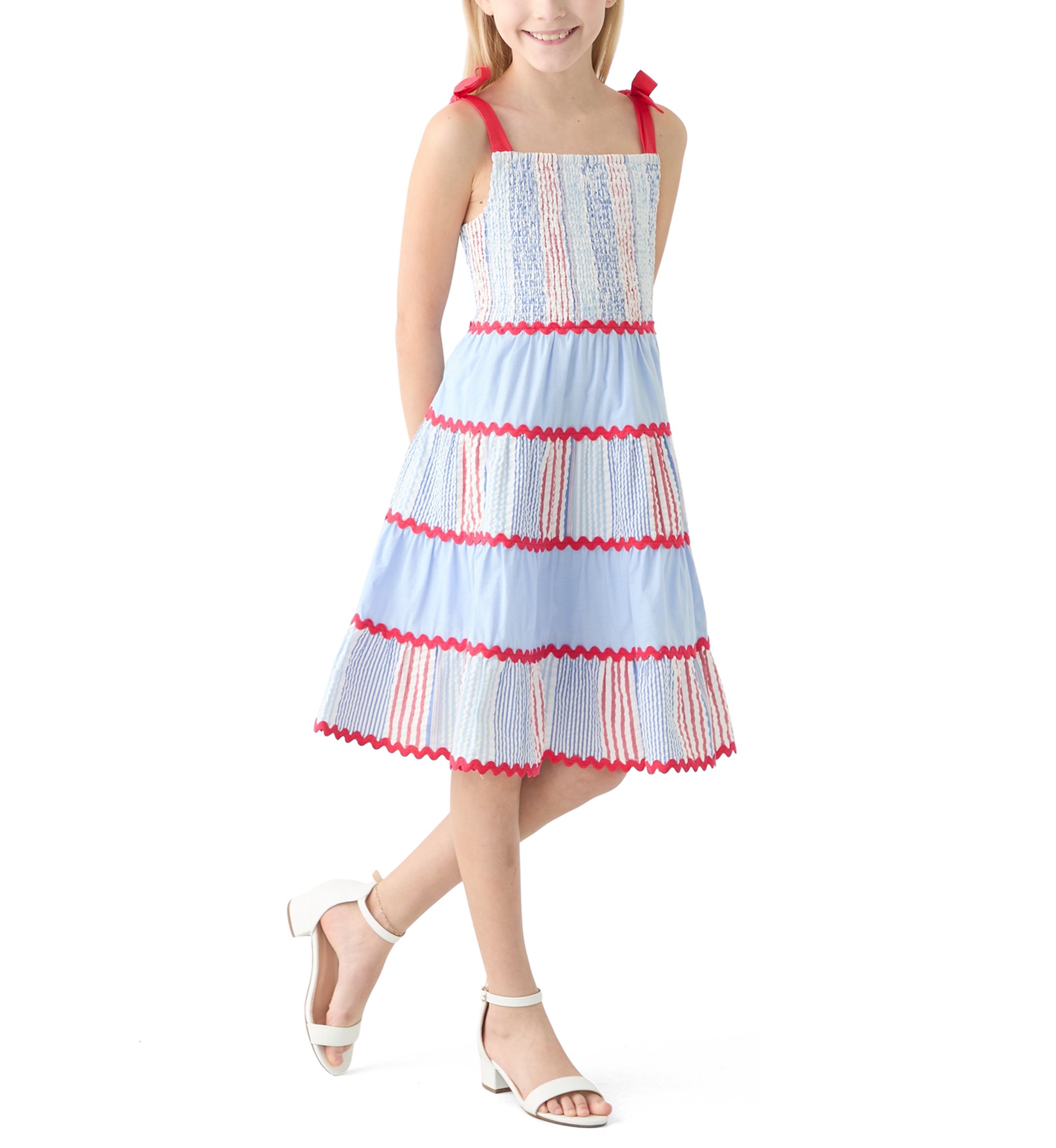 Girls 7-16 Bow Strap Pattern Mix Dress