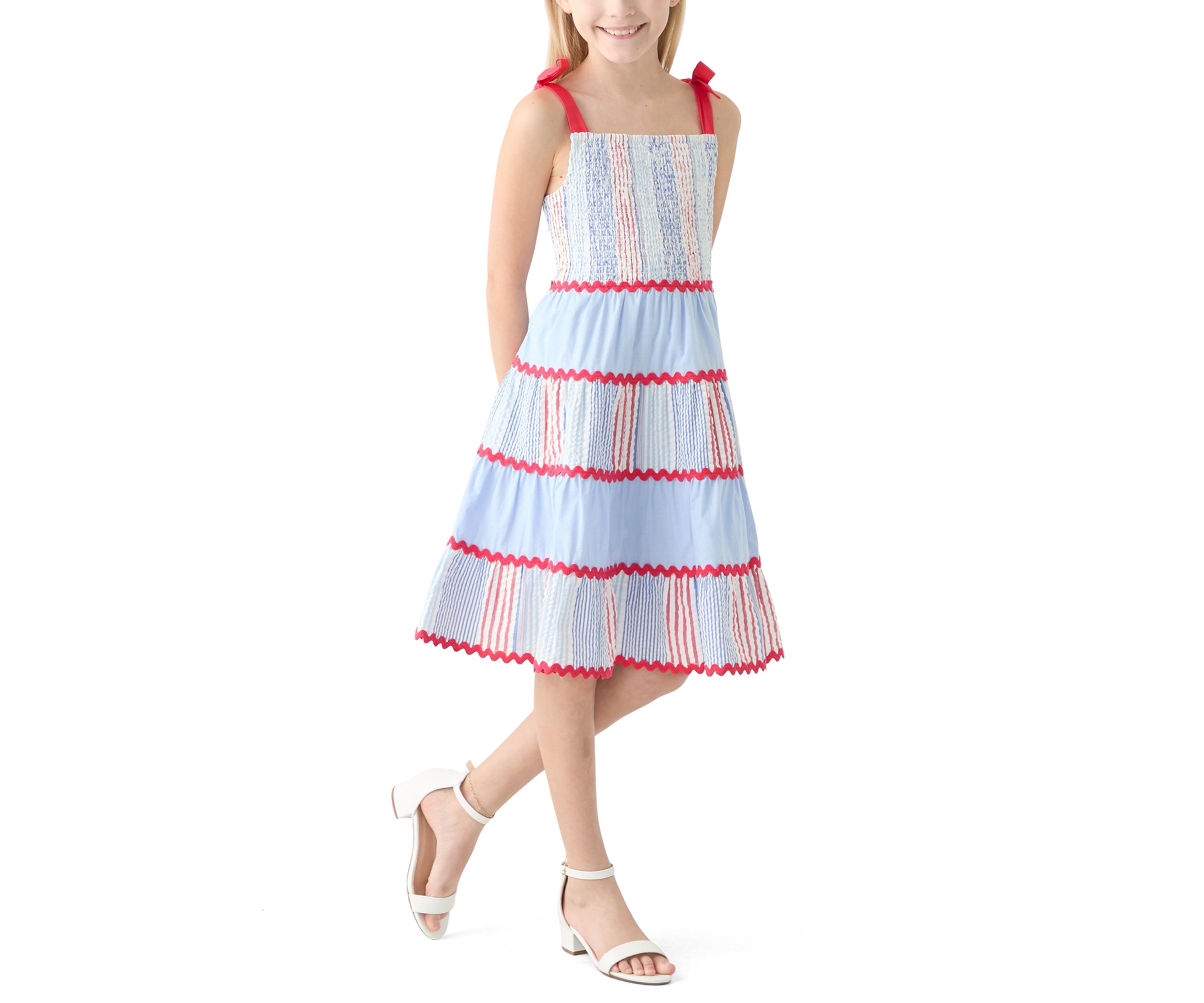 Girls 7-16 Bow Strap Pattern Mix Dress