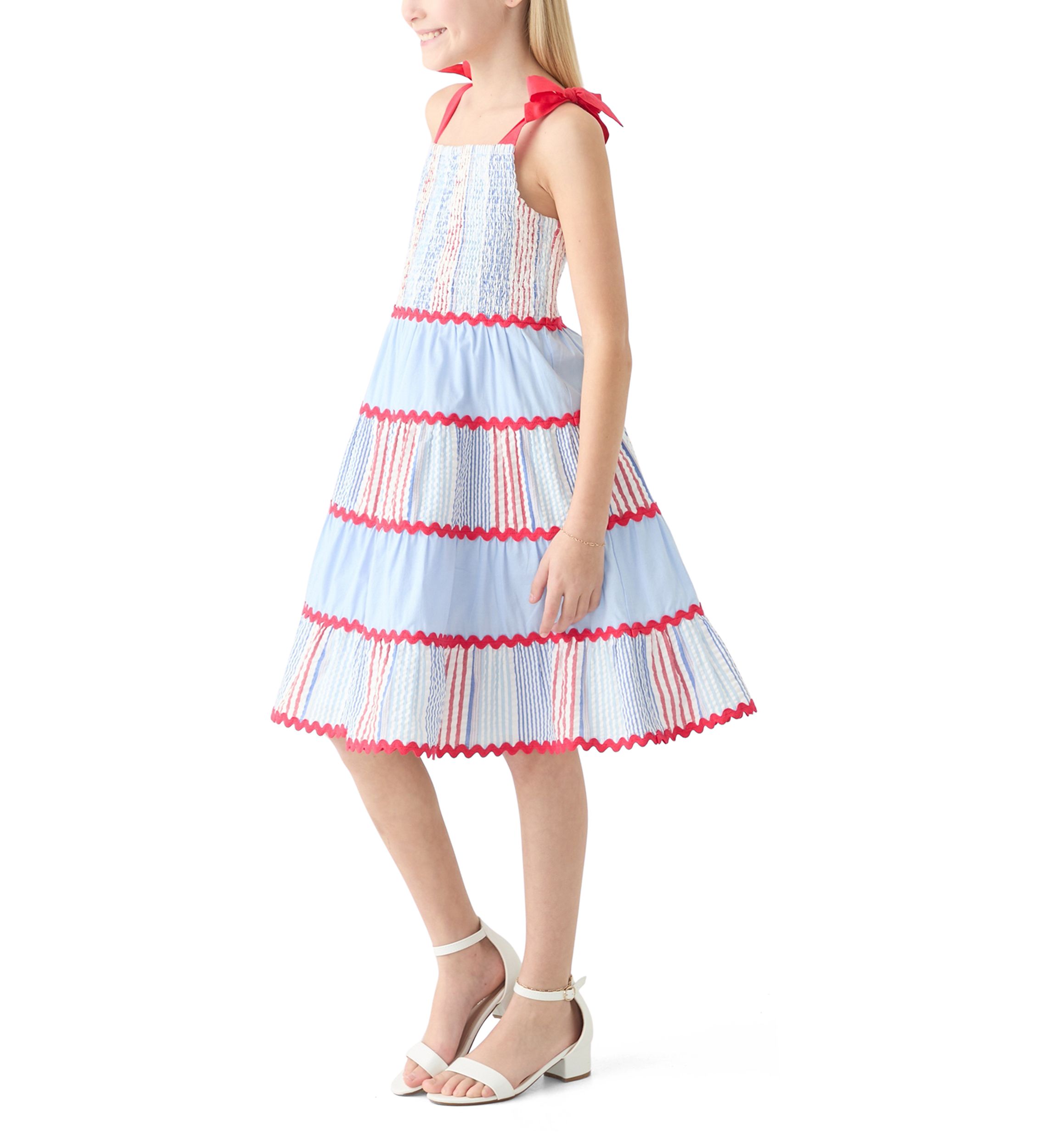 Girls 7-16 Bow Strap Pattern Mix Dress