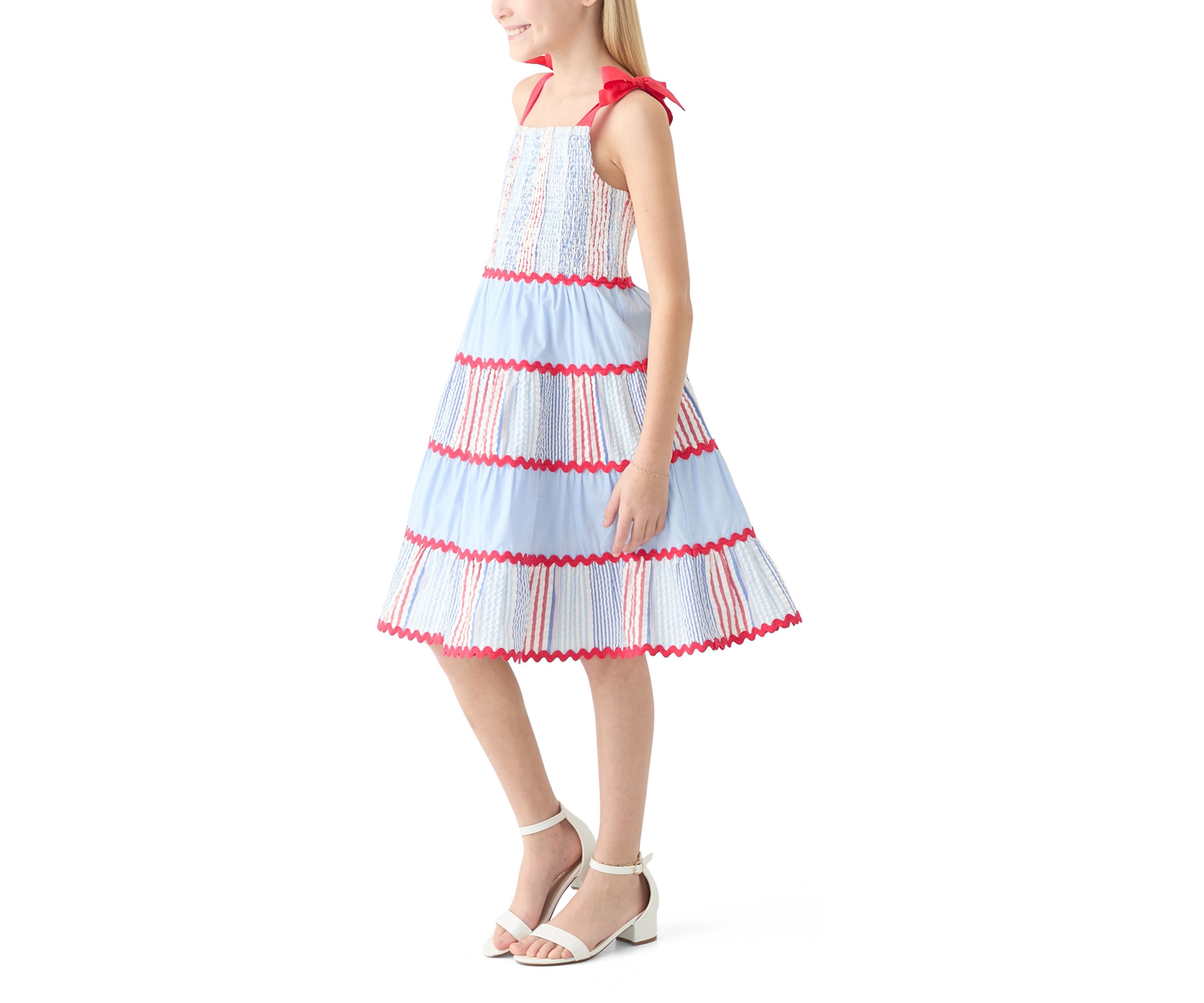 Girls 7-16 Bow Strap Pattern Mix Dress