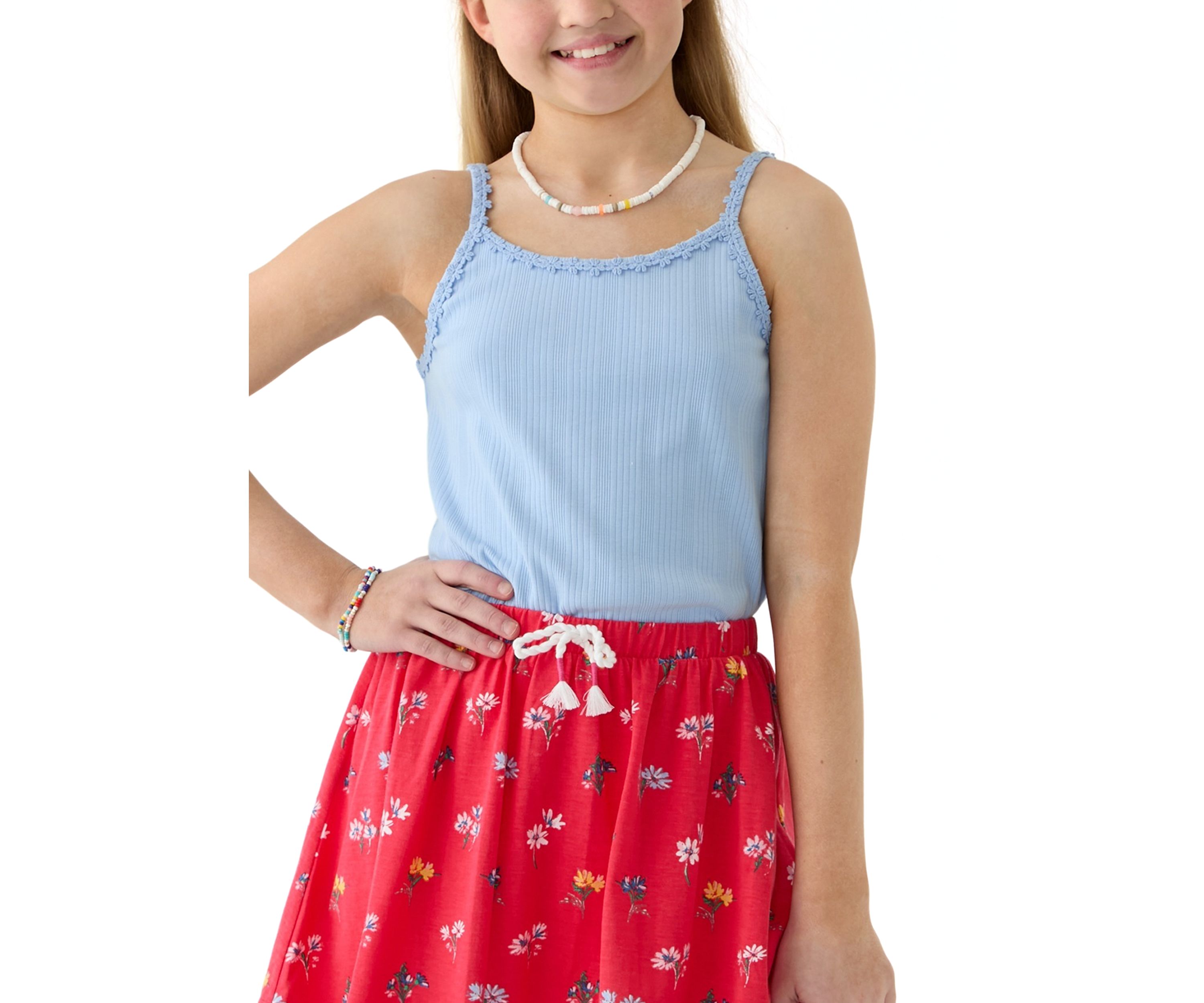 Girls 7-16 Ribbed Knit Daisy Trim Tank Top