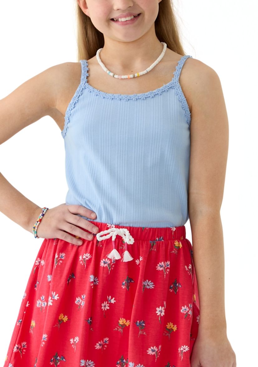 Girls 7-16 Ribbed Knit Daisy Trim Tank Top