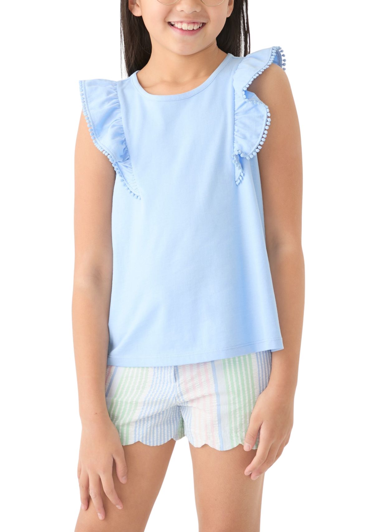 Girls 7-16 Pom Trim Ruffle Tank Top