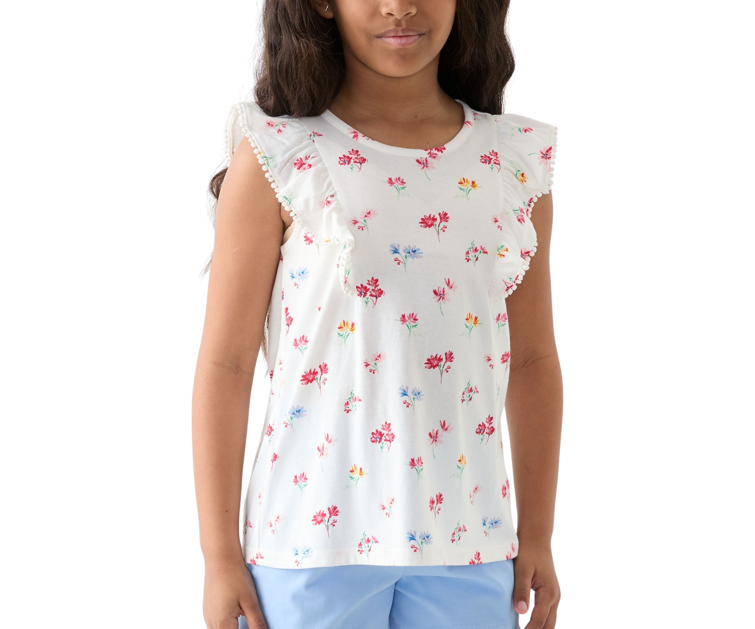 Girls 7-16 Pom Ruffle Trim Printed Top