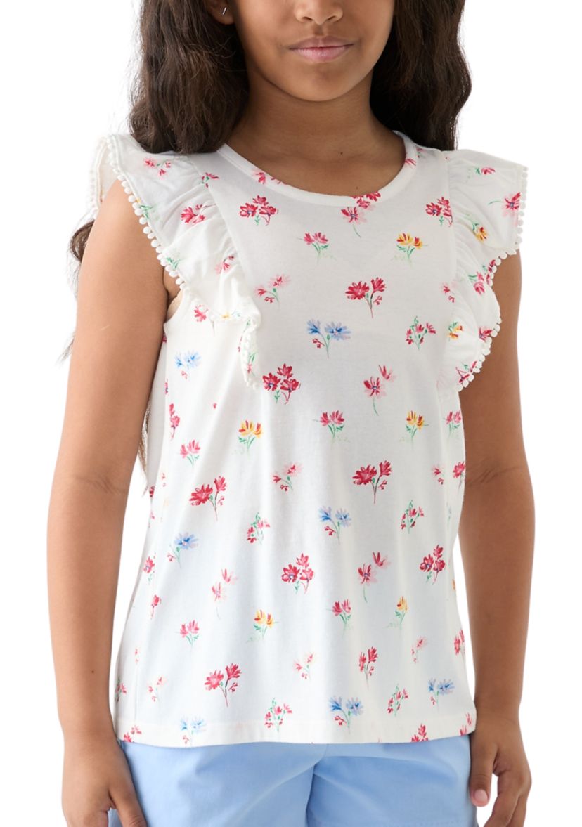 Girls 7-16 Pom Ruffle Trim Printed Top