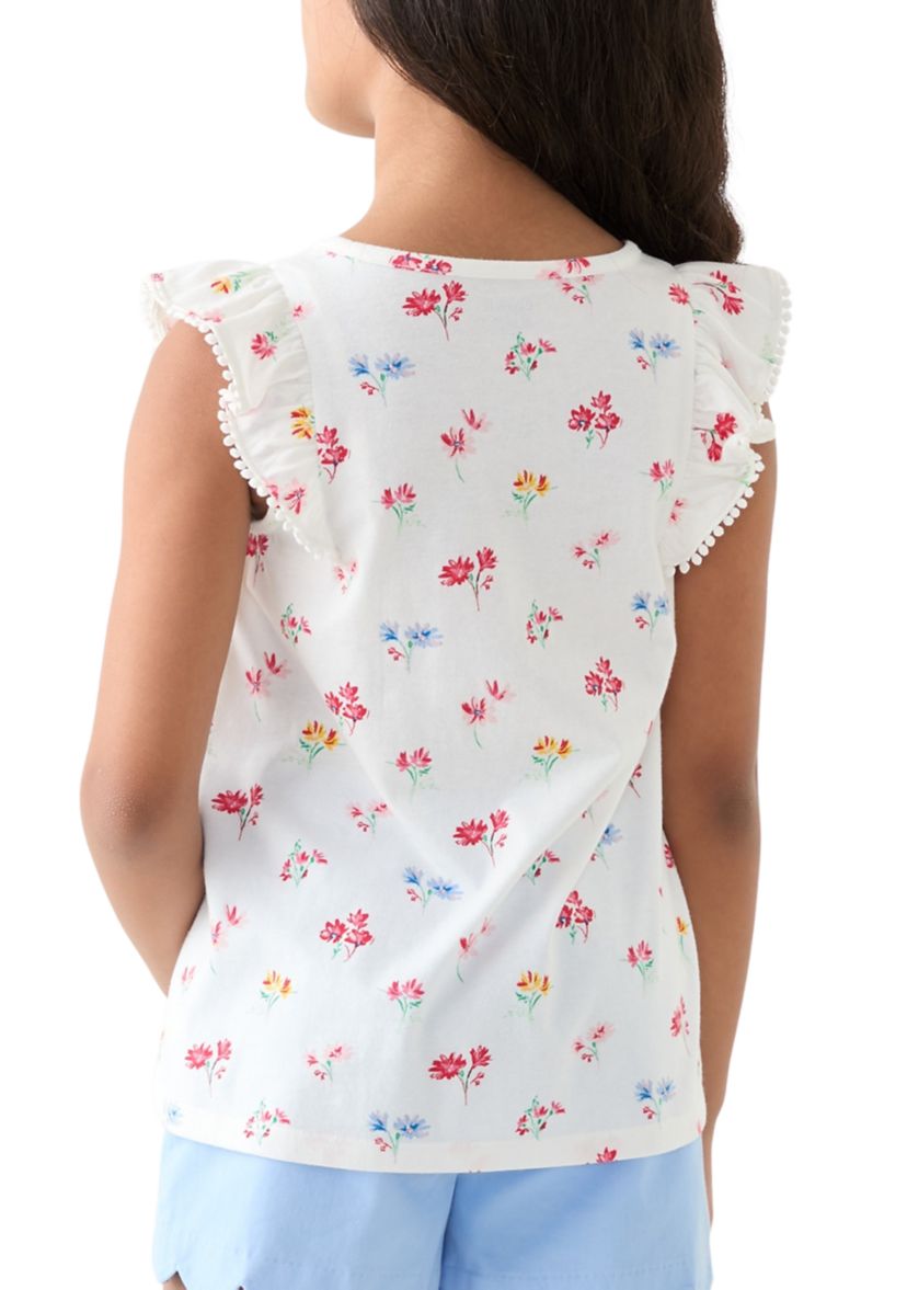 Girls 7-16 Pom Ruffle Trim Printed Top