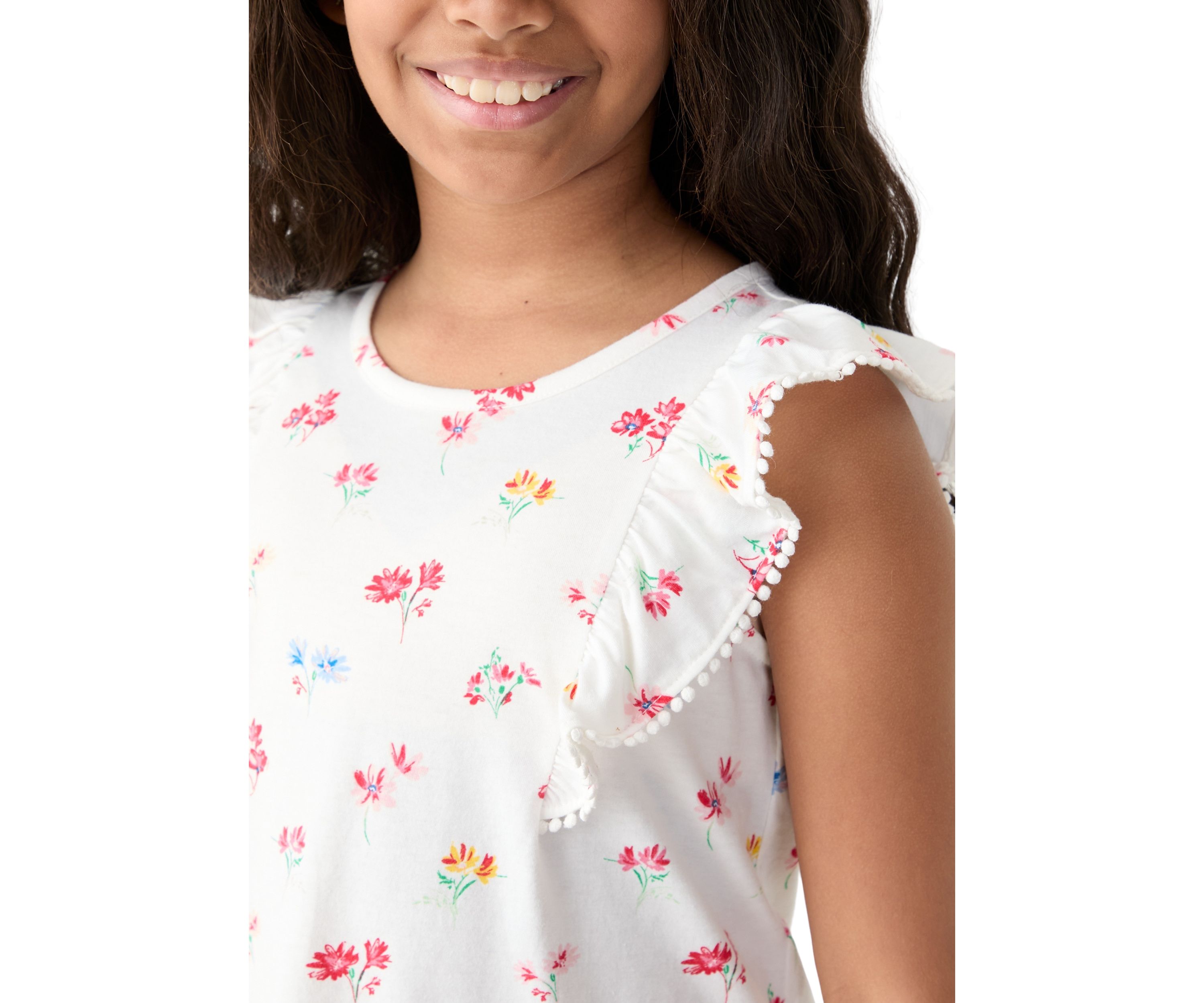 Girls 7-16 Pom Ruffle Trim Printed Top