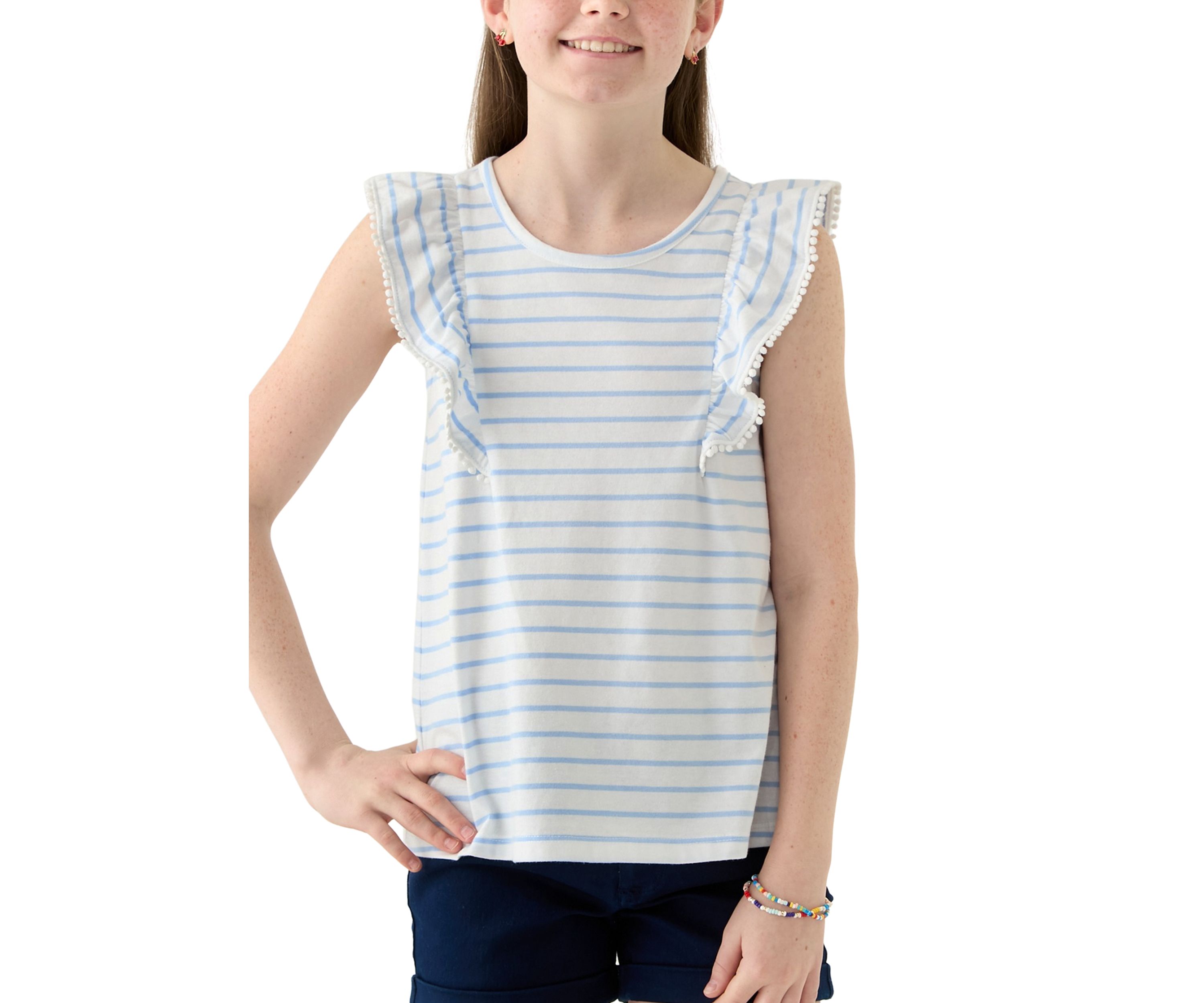 Girls 7-16 Pom Trim Ruffle Yarn Dyed Tank Top