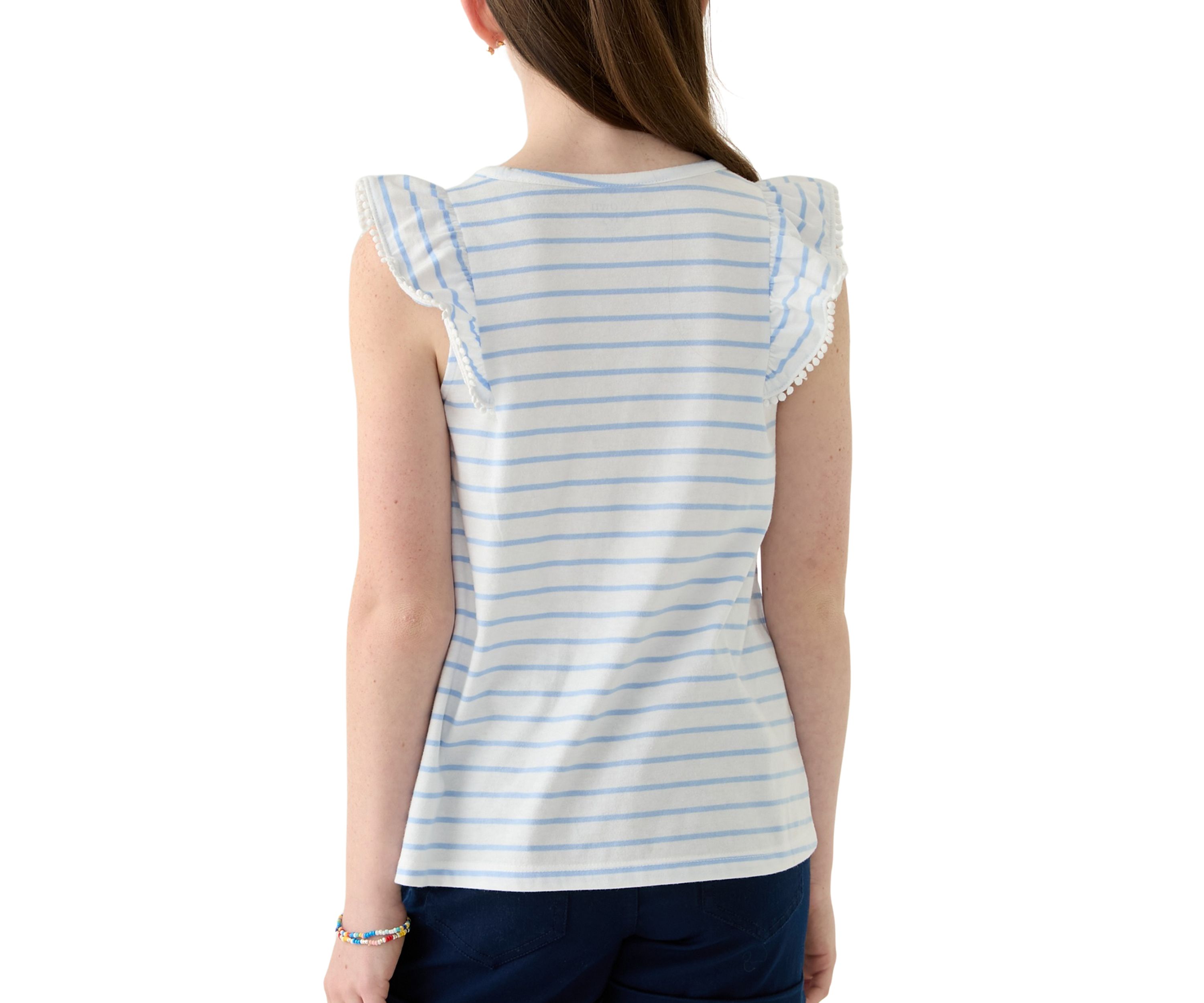 Girls 7-16 Pom Trim Ruffle Yarn Dyed Tank Top