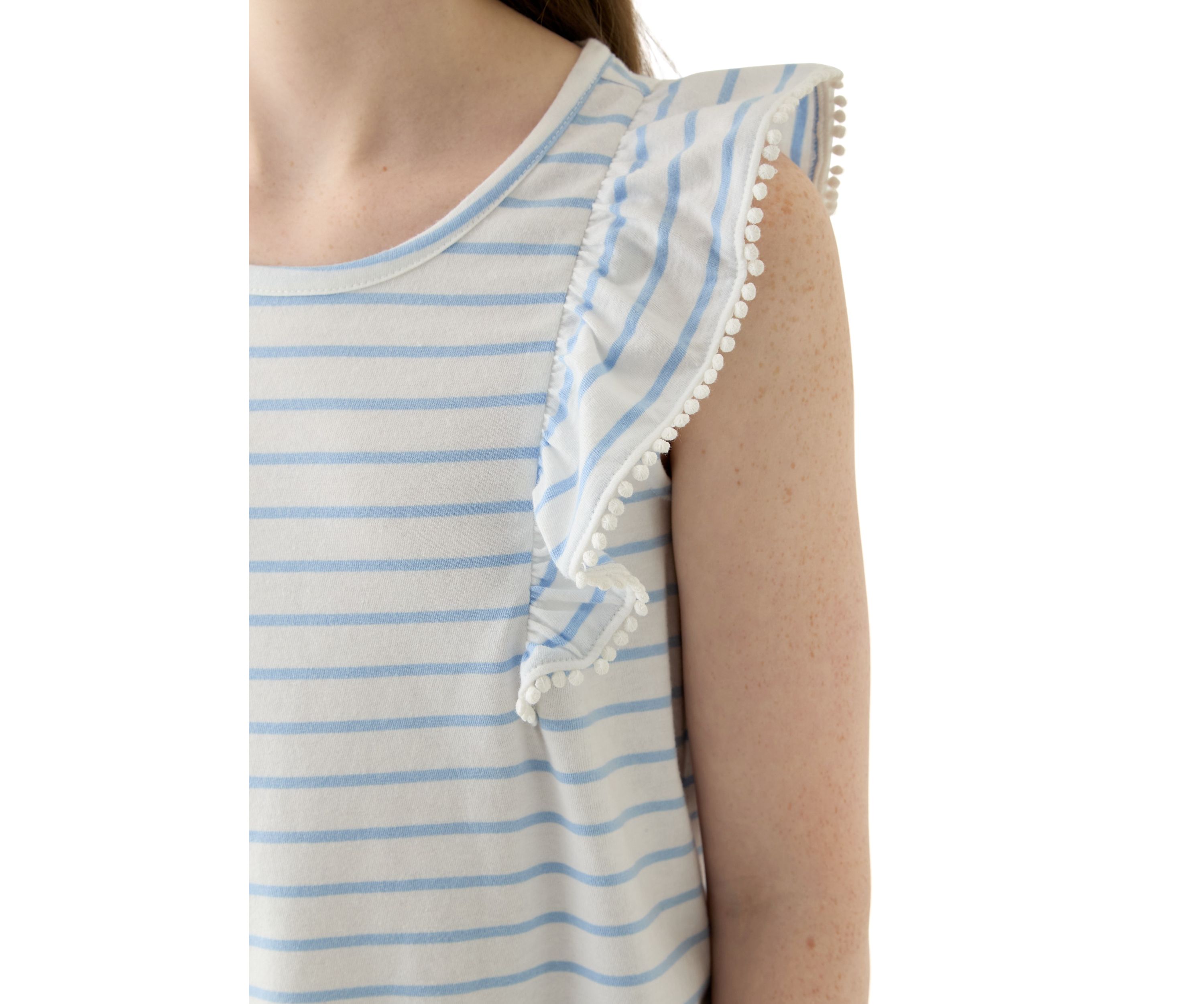 Girls 7-16 Pom Trim Ruffle Yarn Dyed Tank Top