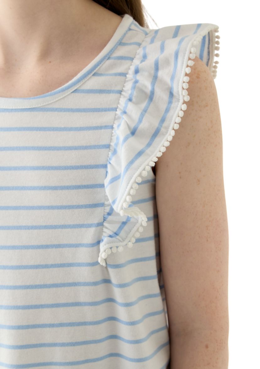 Girls 7-16 Pom Trim Ruffle Yarn Dyed Tank Top