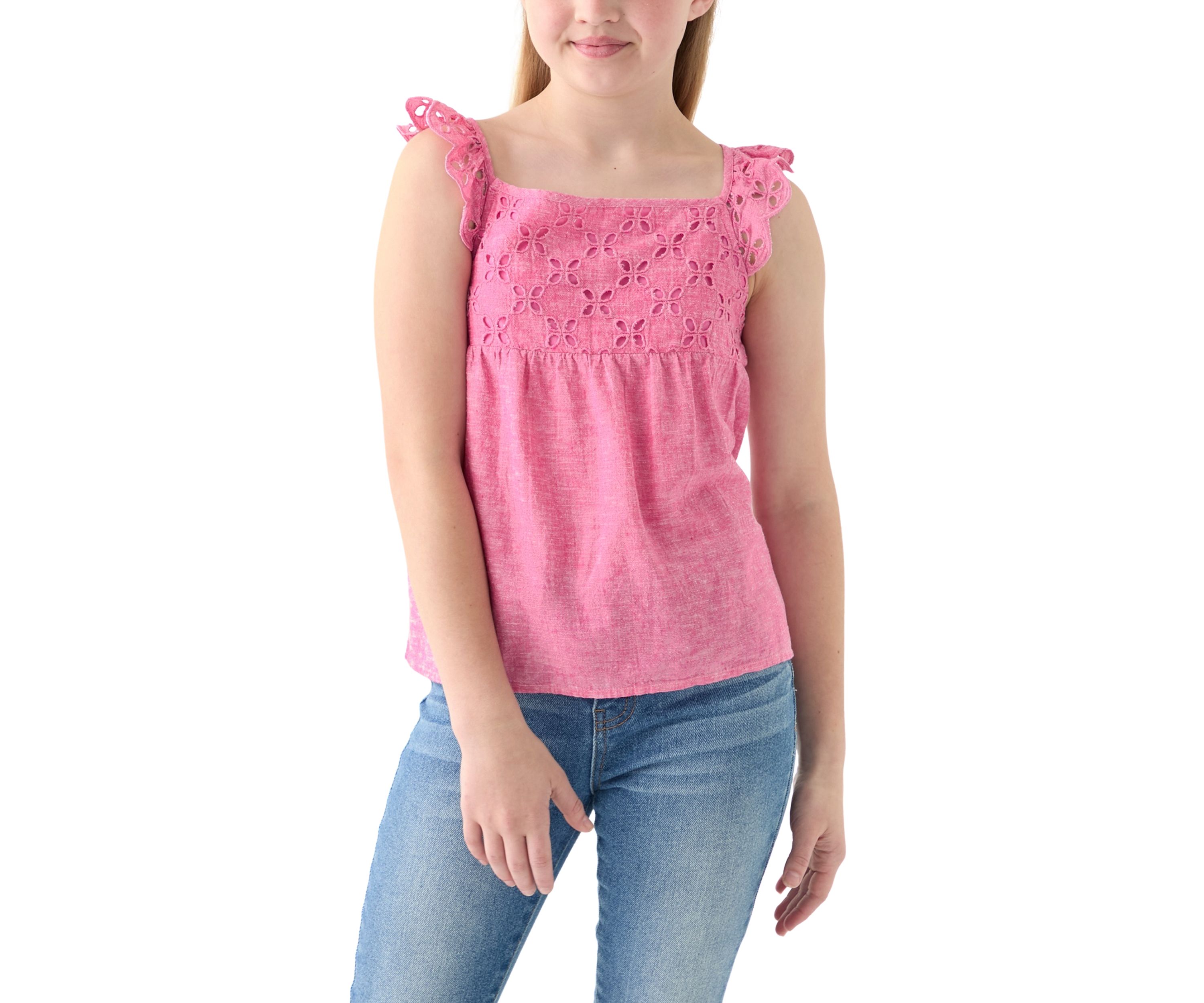 Girls 7-16 Linen Eyelet Flutter Sleeve Tank Top
