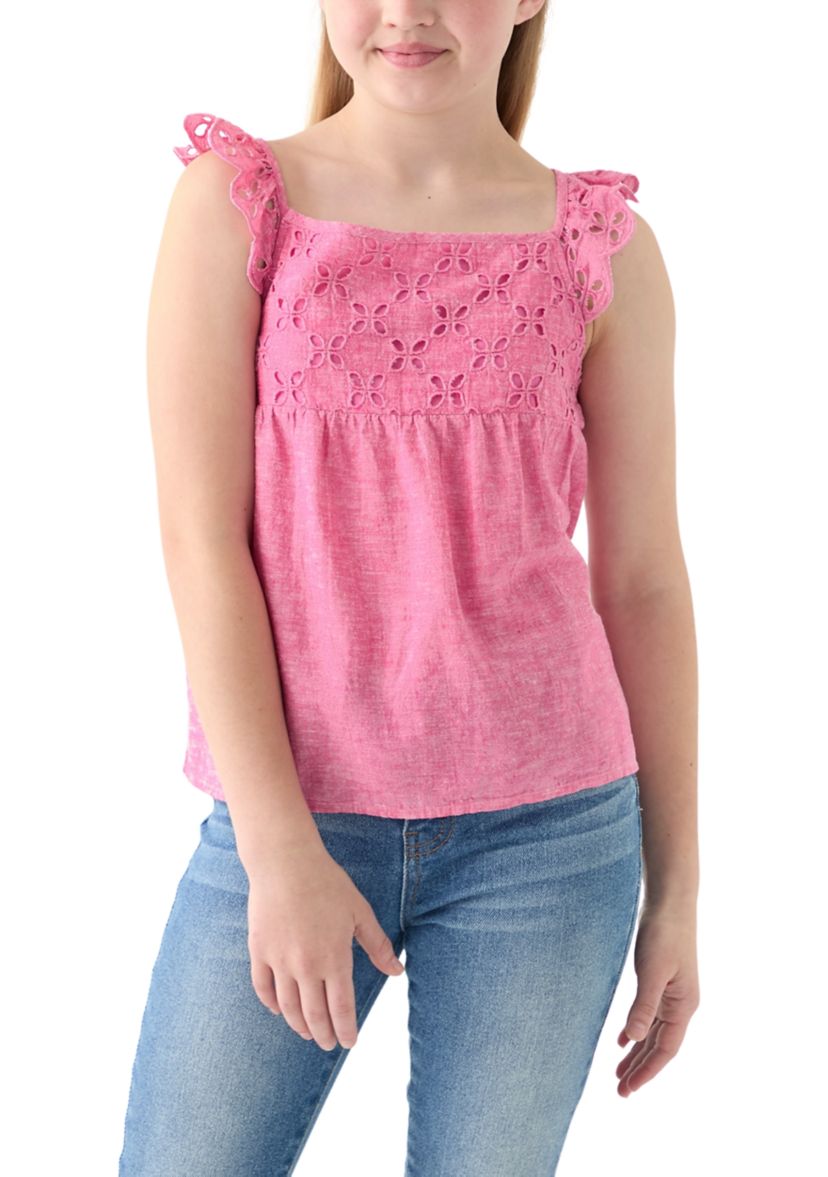 Girls 7-16 Linen Eyelet Flutter Sleeve Tank Top