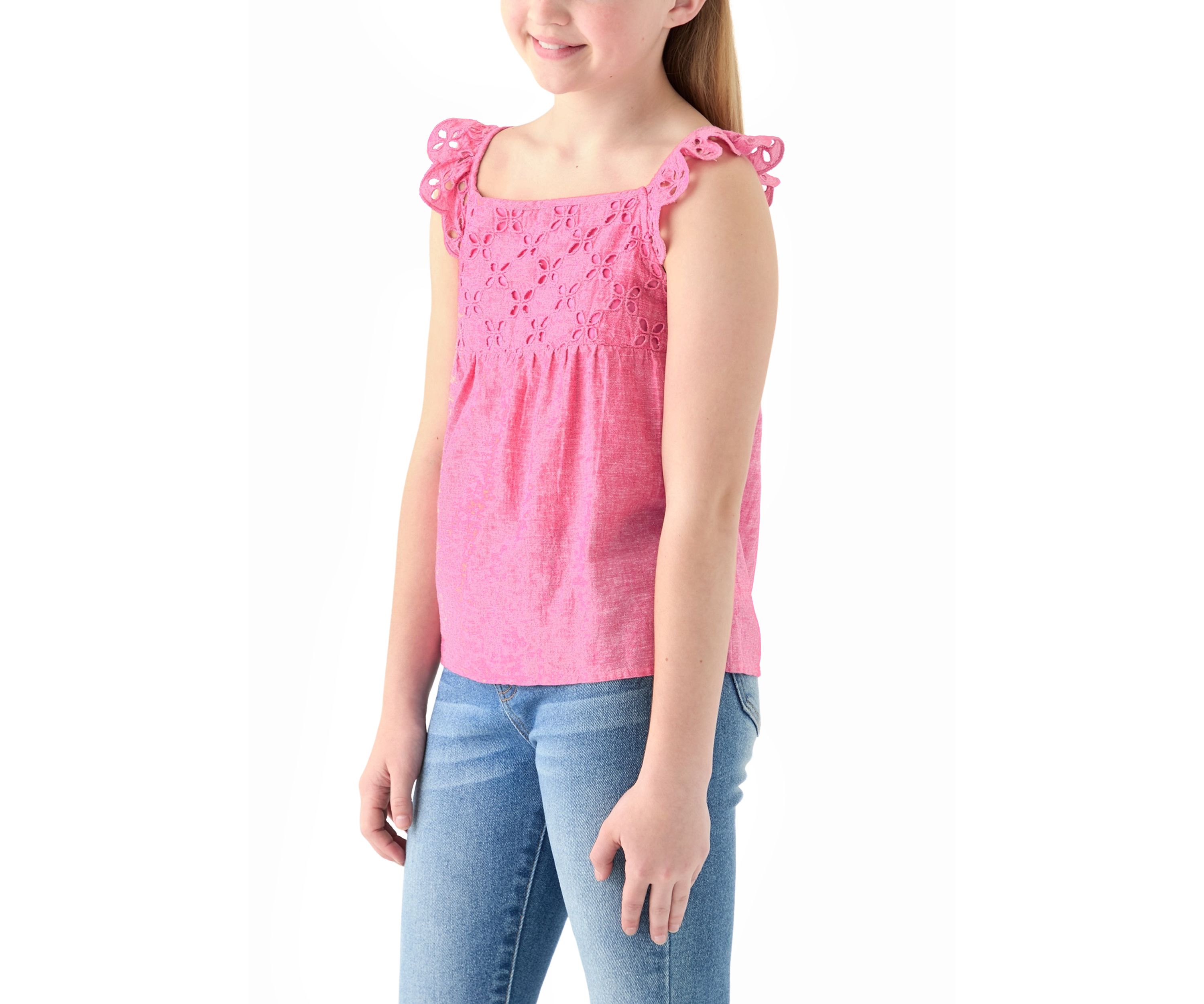 Girls 7-16 Linen Eyelet Flutter Sleeve Tank Top