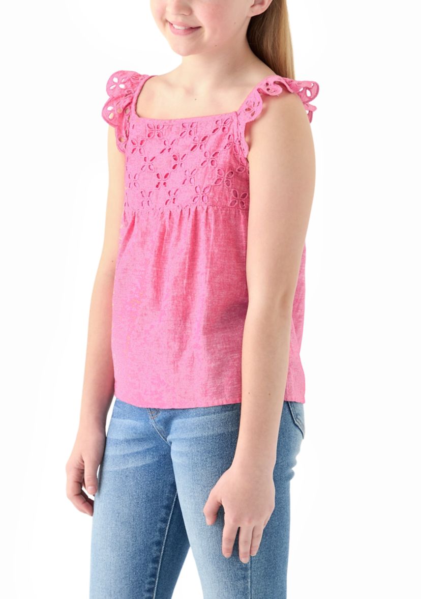 Girls 7-16 Linen Eyelet Flutter Sleeve Tank Top