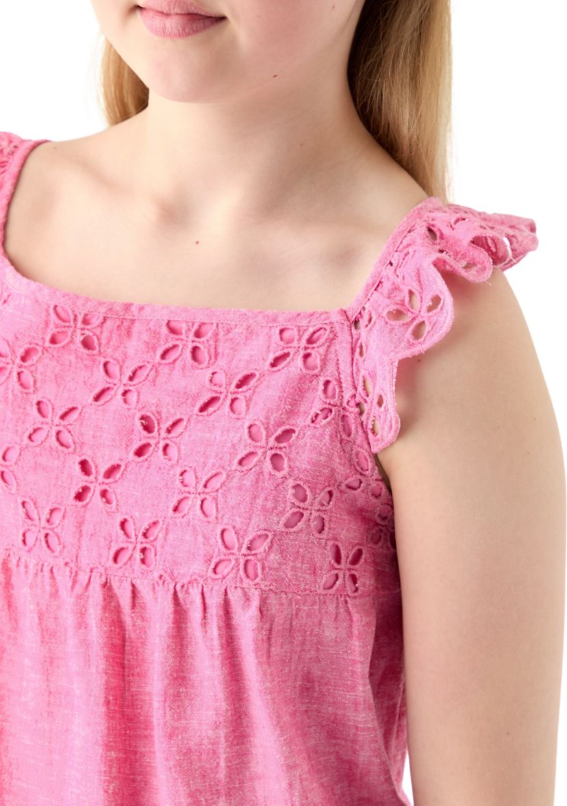 Girls 7-16 Linen Eyelet Flutter Sleeve Tank Top