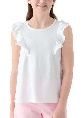 Crown & Ivy Girls 7-16 Ruffle Tank Top with Pom Trim, White, XL