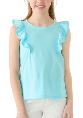 Crown & Ivy Girls 7-16 Ruffle Tank Top with Pom Trim, XL