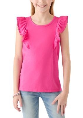 Crown & Ivy Girls 7-16 Ruffle Tank Top with Pom Trim, Pink, XL