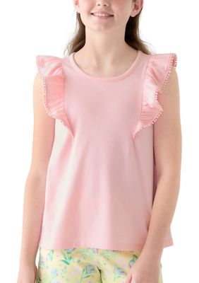 Crown & Ivy Girls 7-16 Ruffle Tank Top with Pom Trim, Pink, XL