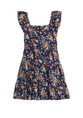 Crown & Ivy Girls 4-6x Ruffle Shoulder Floral Tie Back Dress, Navy Blue, 5