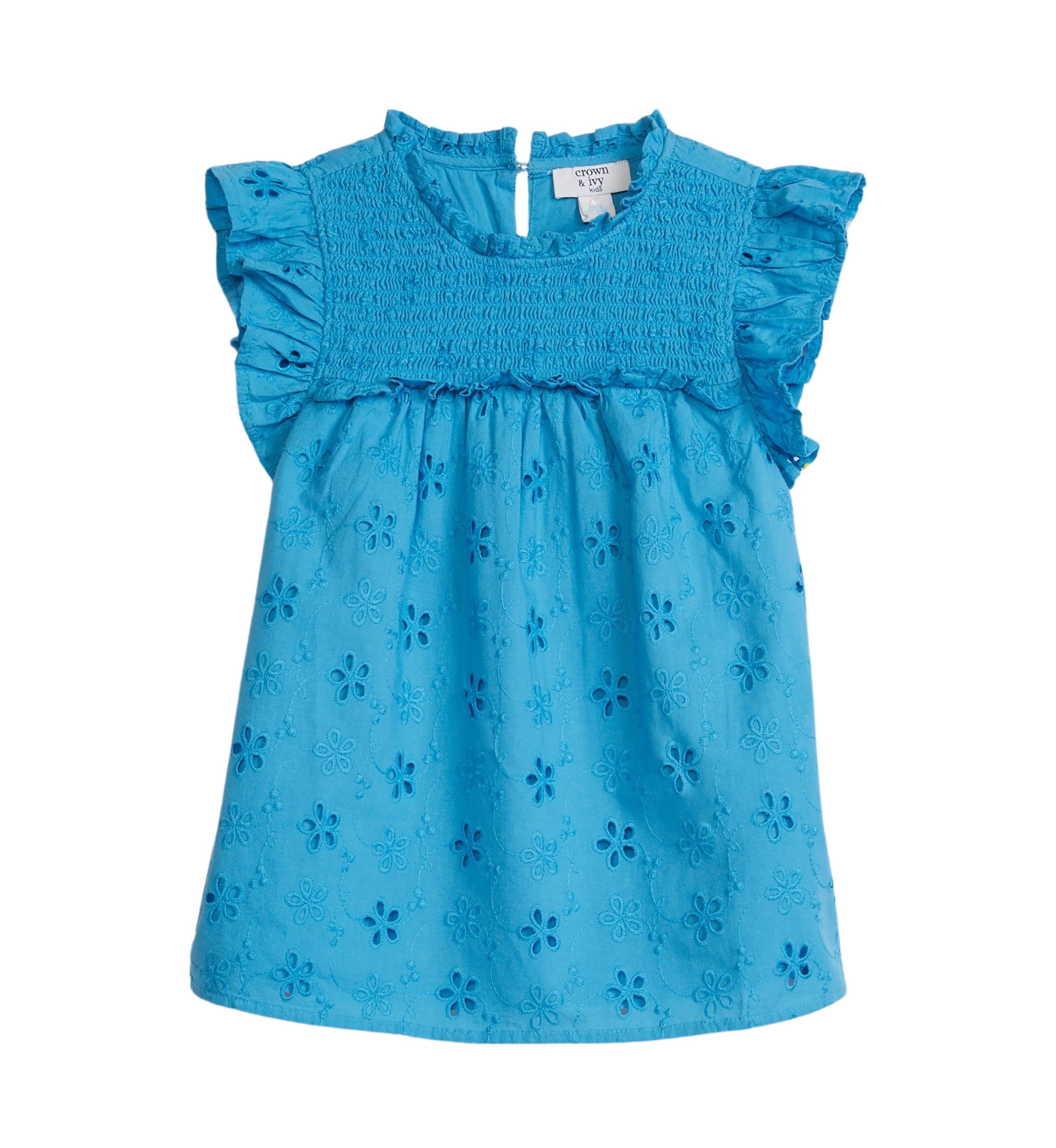 Girls 4-6x Flutter Sleeve Eyelet High Neck Ruffle Top 