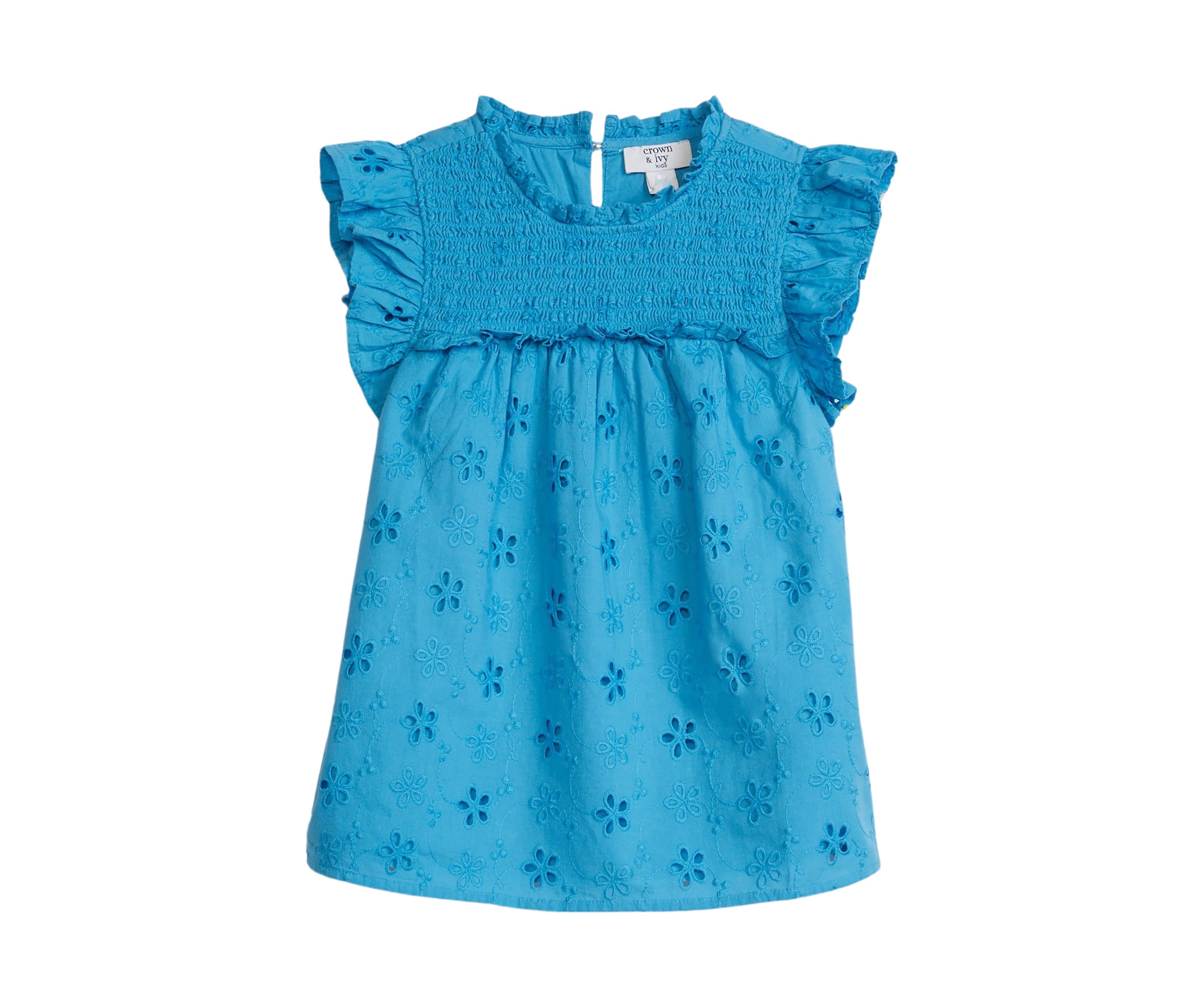 Girls 4-6x Flutter Sleeve Eyelet High Neck Ruffle Top 