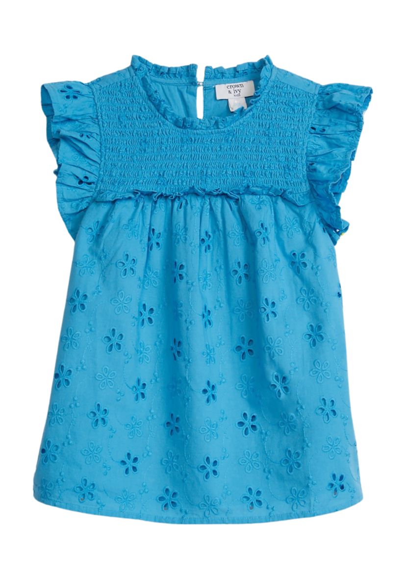 Girls 4-6x Flutter Sleeve Eyelet High Neck Ruffle Top 