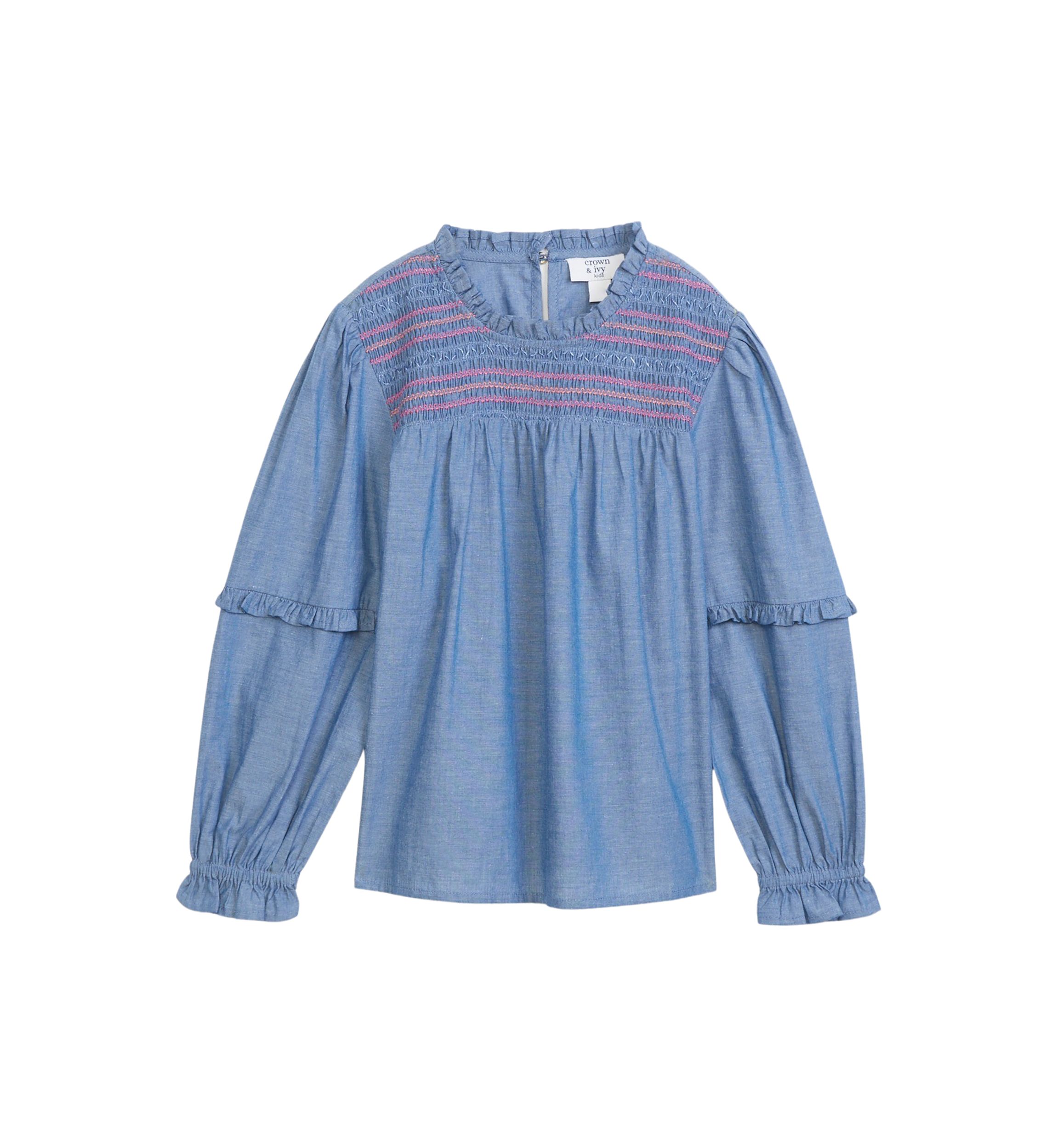 Girls 4-6x Chambray Smocked Ruffle Top