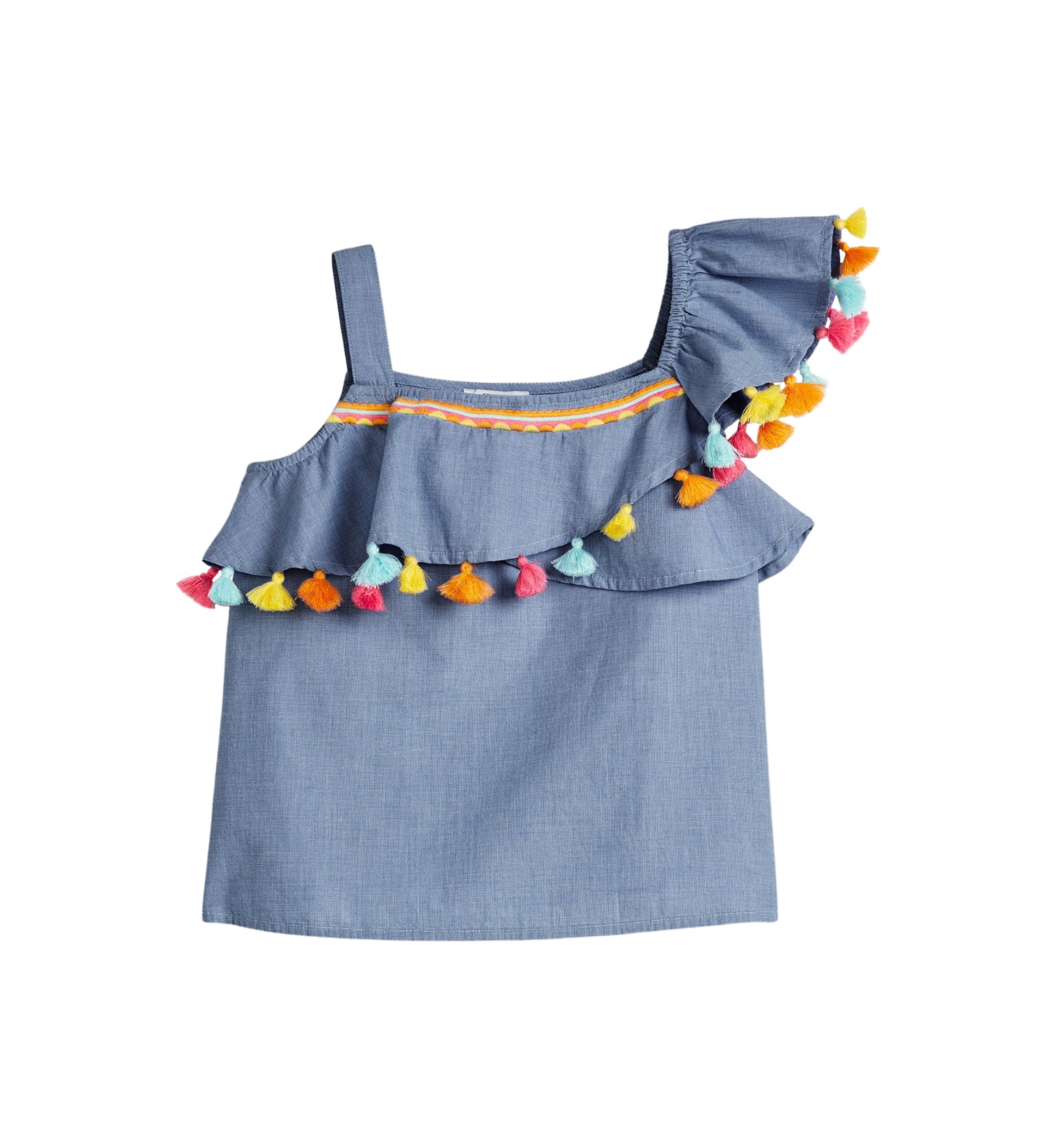 Girls 4-6x One Shoulder Pom Top