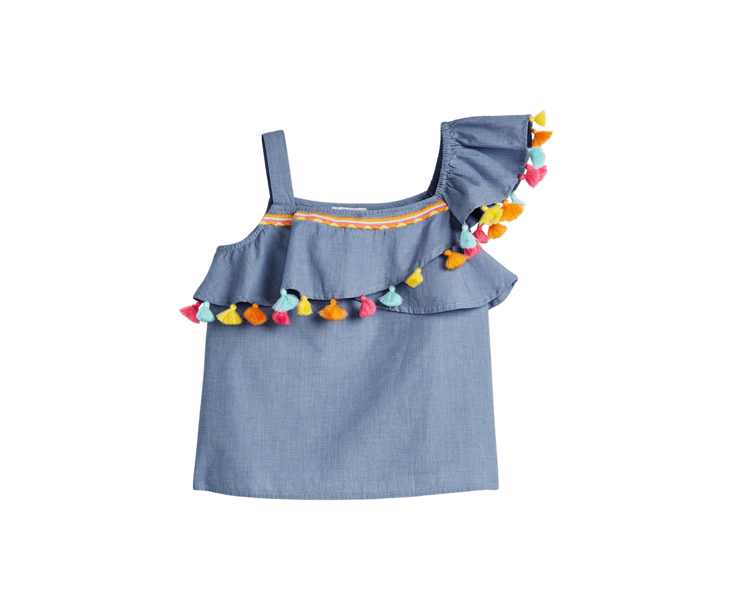 Girls 4-6x One Shoulder Pom Top