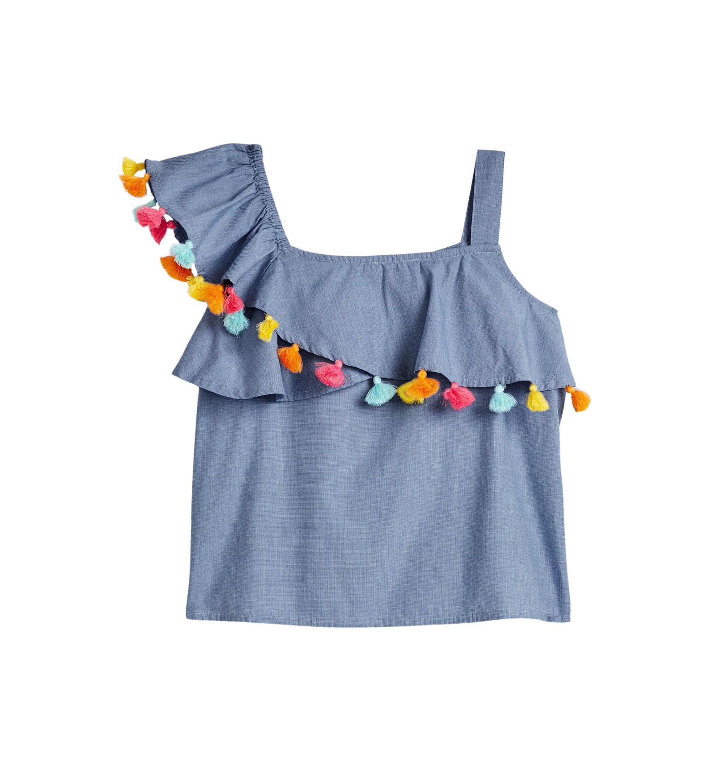 Girls 4-6x One Shoulder Pom Top