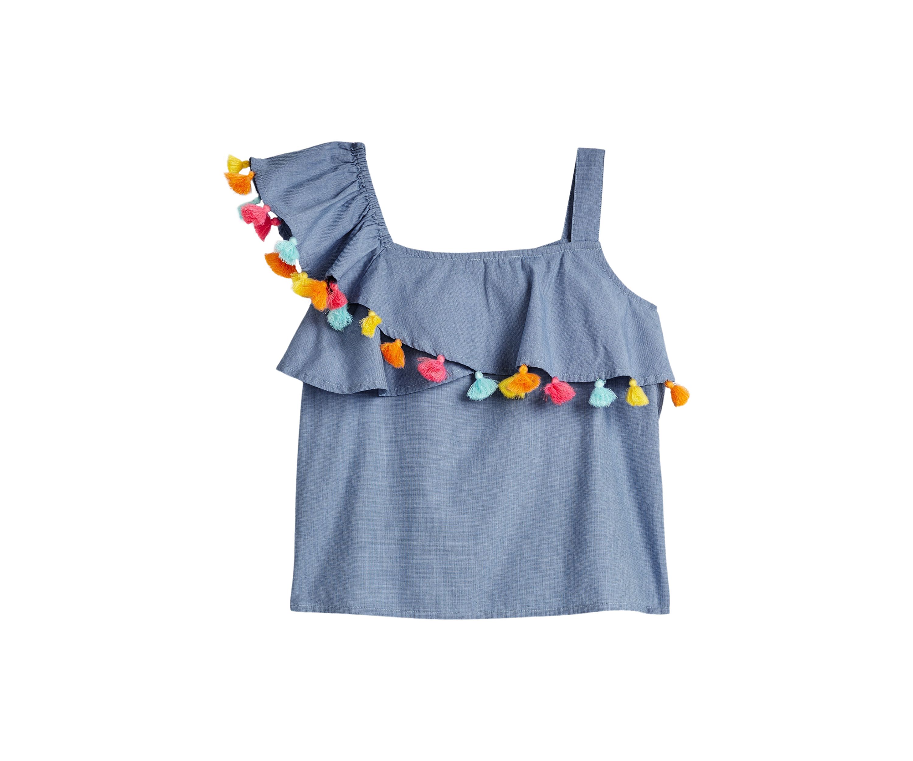 Girls 4-6x One Shoulder Pom Top