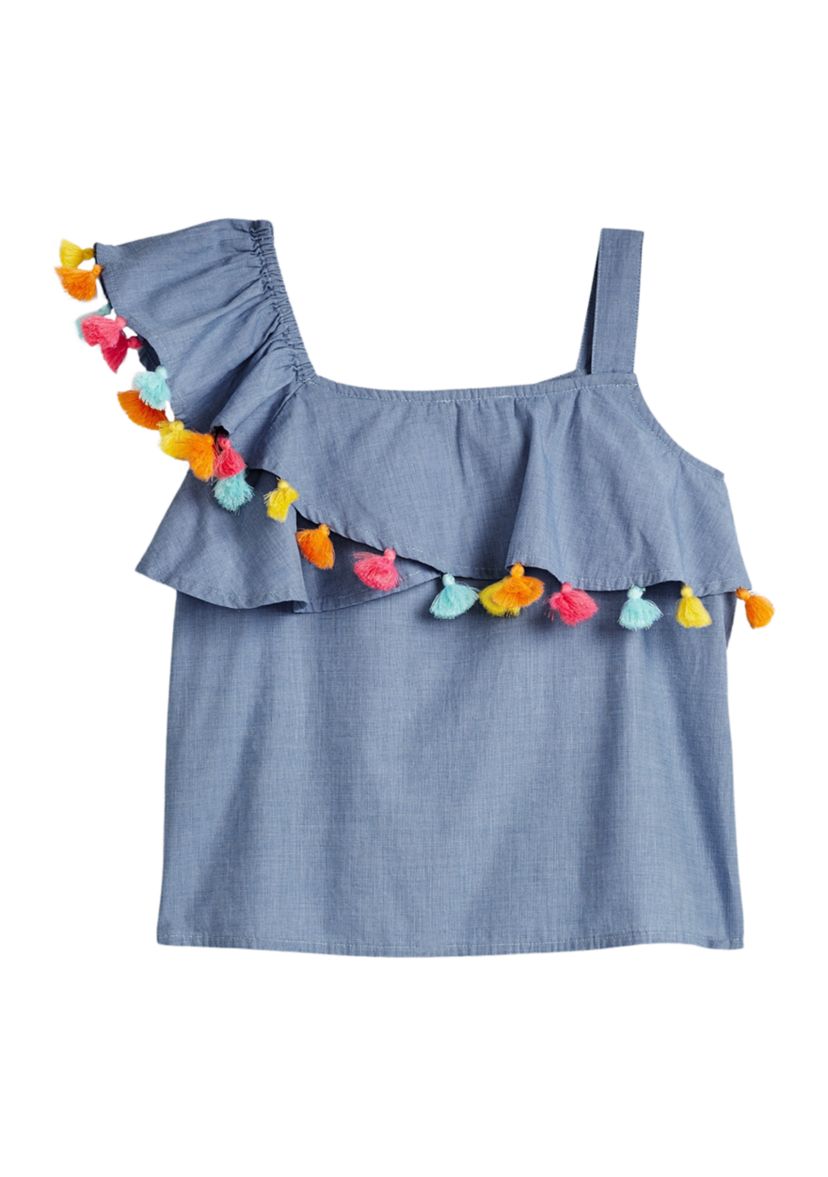 Girls 4-6x One Shoulder Pom Top