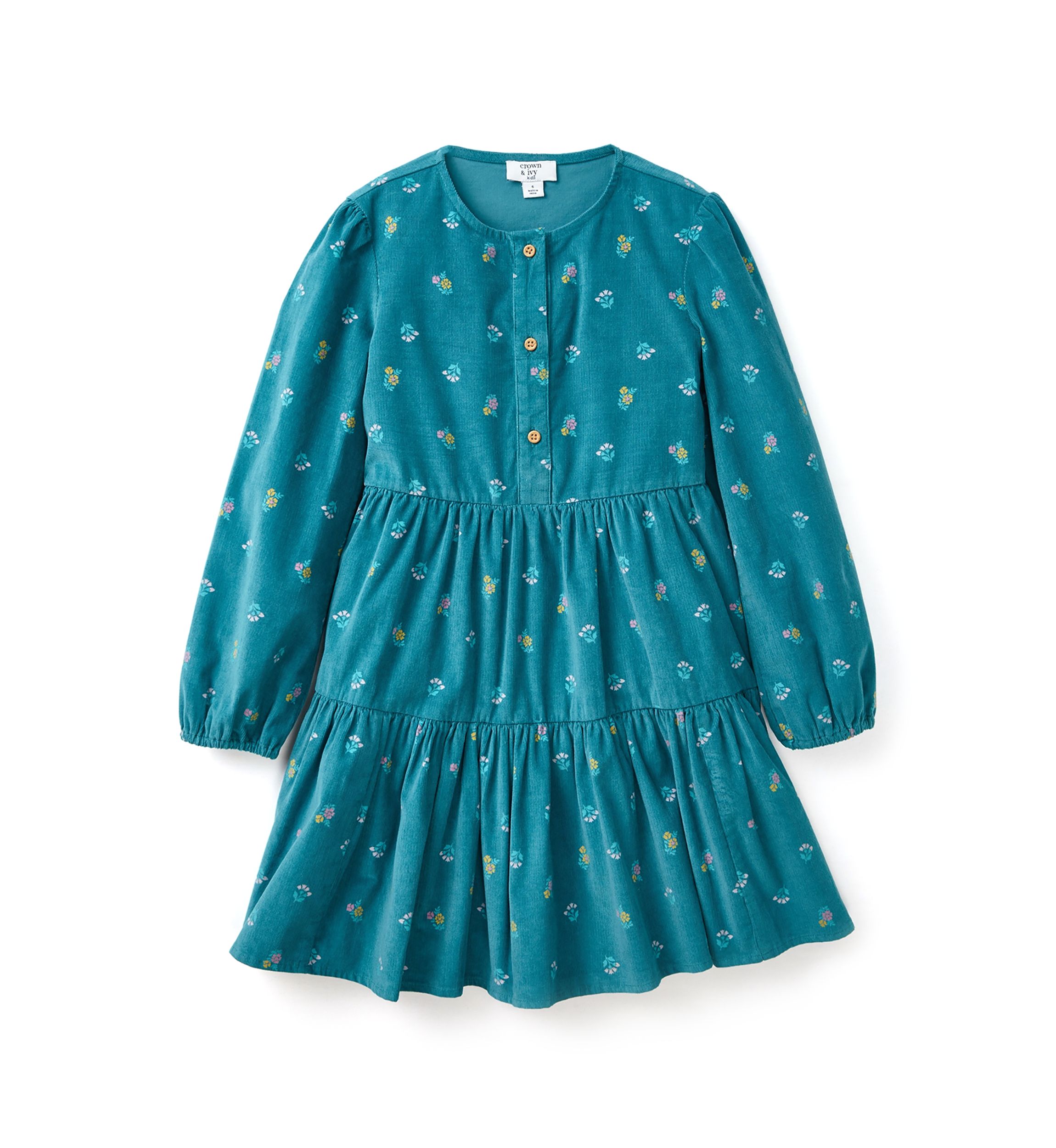 Girls 4-6X Long Sleeve Corduroy Printed Dress 