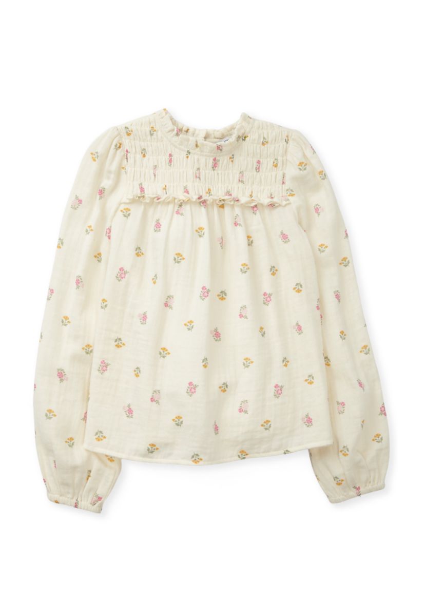 Girls 7-16 Long Sleeve Ruffle Neck Printed Top