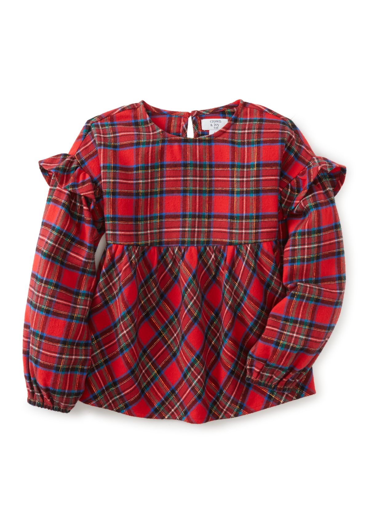 Girls 4-6x Long Sleeve Ruffle Shoulder Plaid Yarn Dye Top 