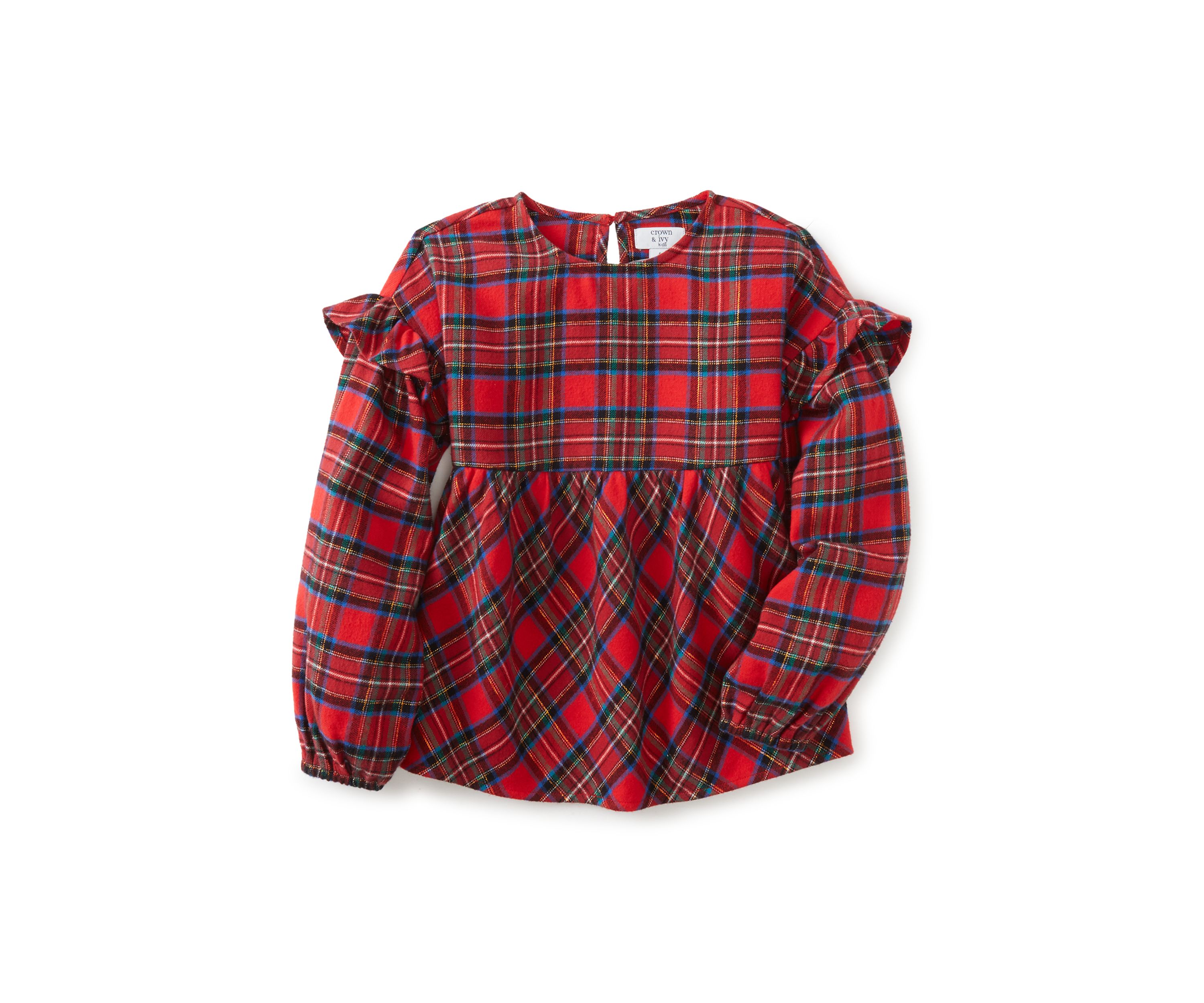Girls 4-6x Long Sleeve Ruffle Shoulder Plaid Yarn Dye Top 