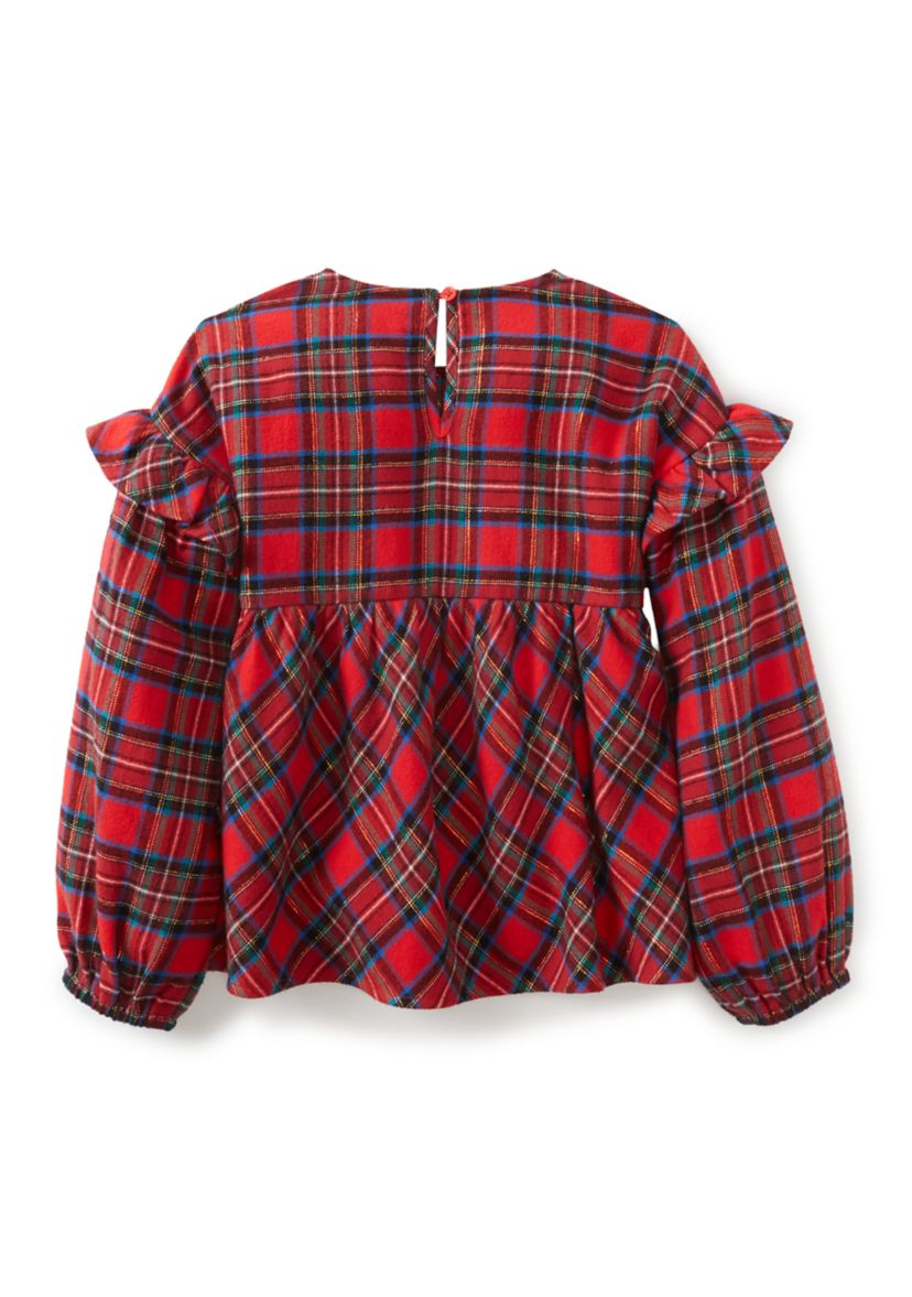 Girls 4-6x Long Sleeve Ruffle Shoulder Plaid Yarn Dye Top 