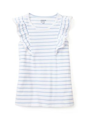 Crown & Ivy Girls 4-6x Pom Trim Ruffle Yarn Dyed Tank Top, White