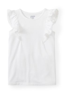Crown & Ivy Girls 4-6x Ruffle Pom-Pom Sleeve Tank Top, White