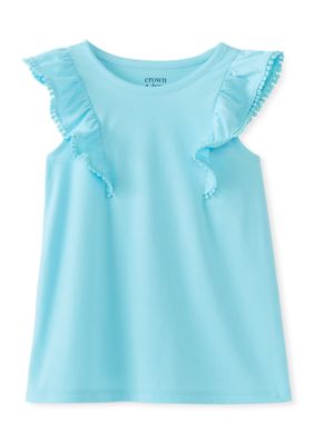 Crown & Ivy Girls 4-6x Ruffle Pom-Pom Sleeve Tank Top