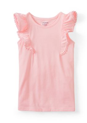 Crown & Ivy Girls 4-6x Ruffle Pom-Pom Sleeve Tank Top, Pink