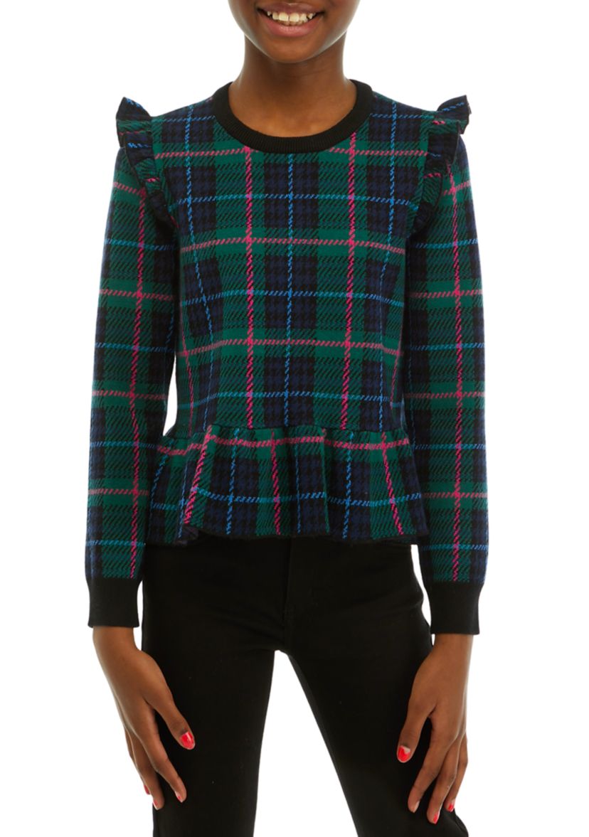Girls 7-16 Plaid Peplum Hem Sweater