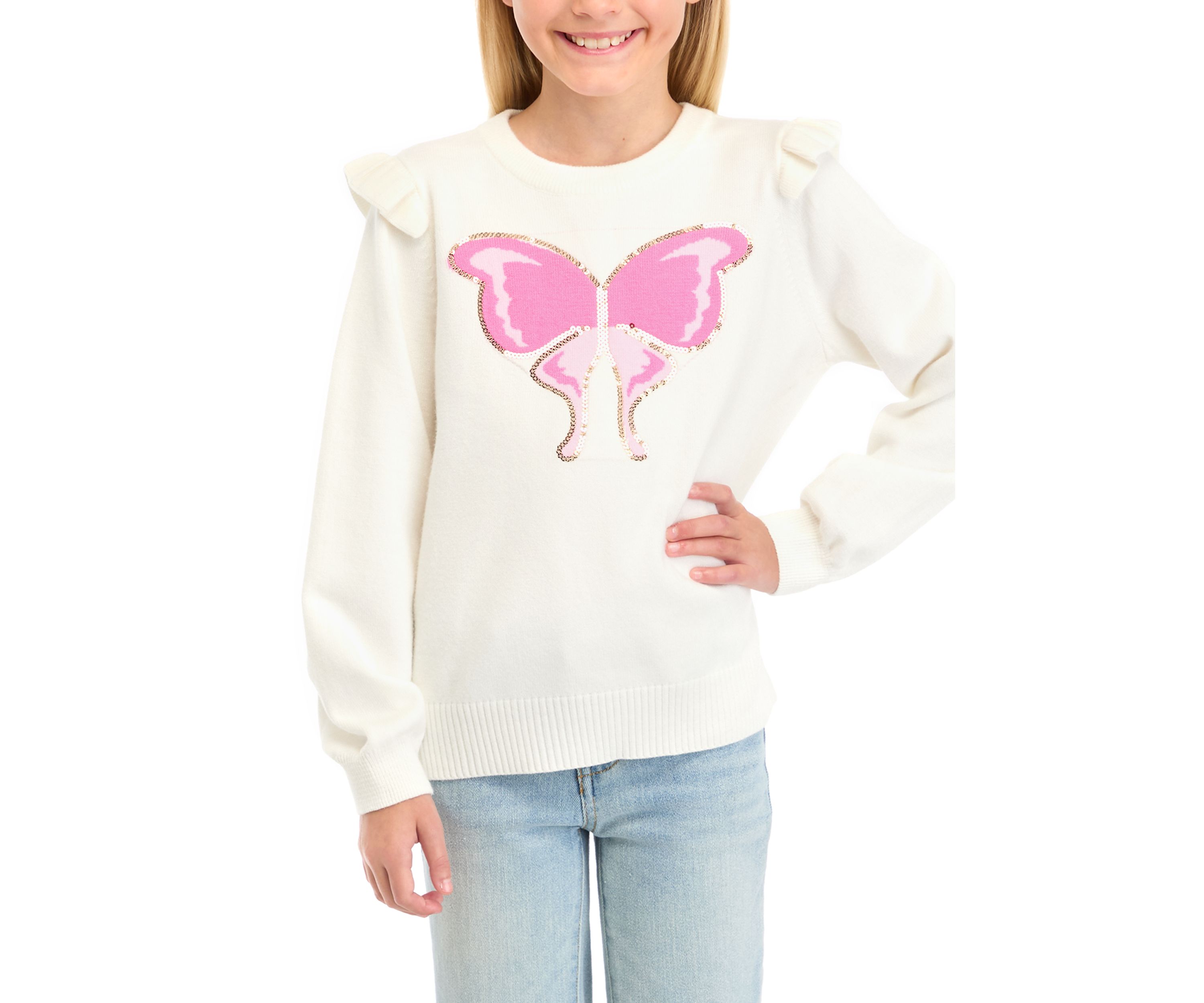 Girls 7-16 Butterfly Graphic Ruffle  Sweater