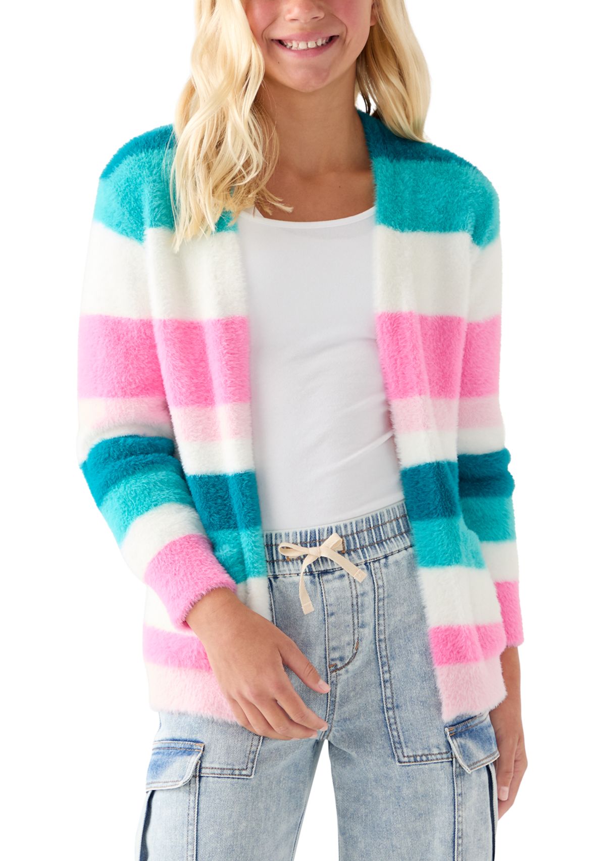 Girls 7-16 Stripped Combo Long Sleeve Cardigan