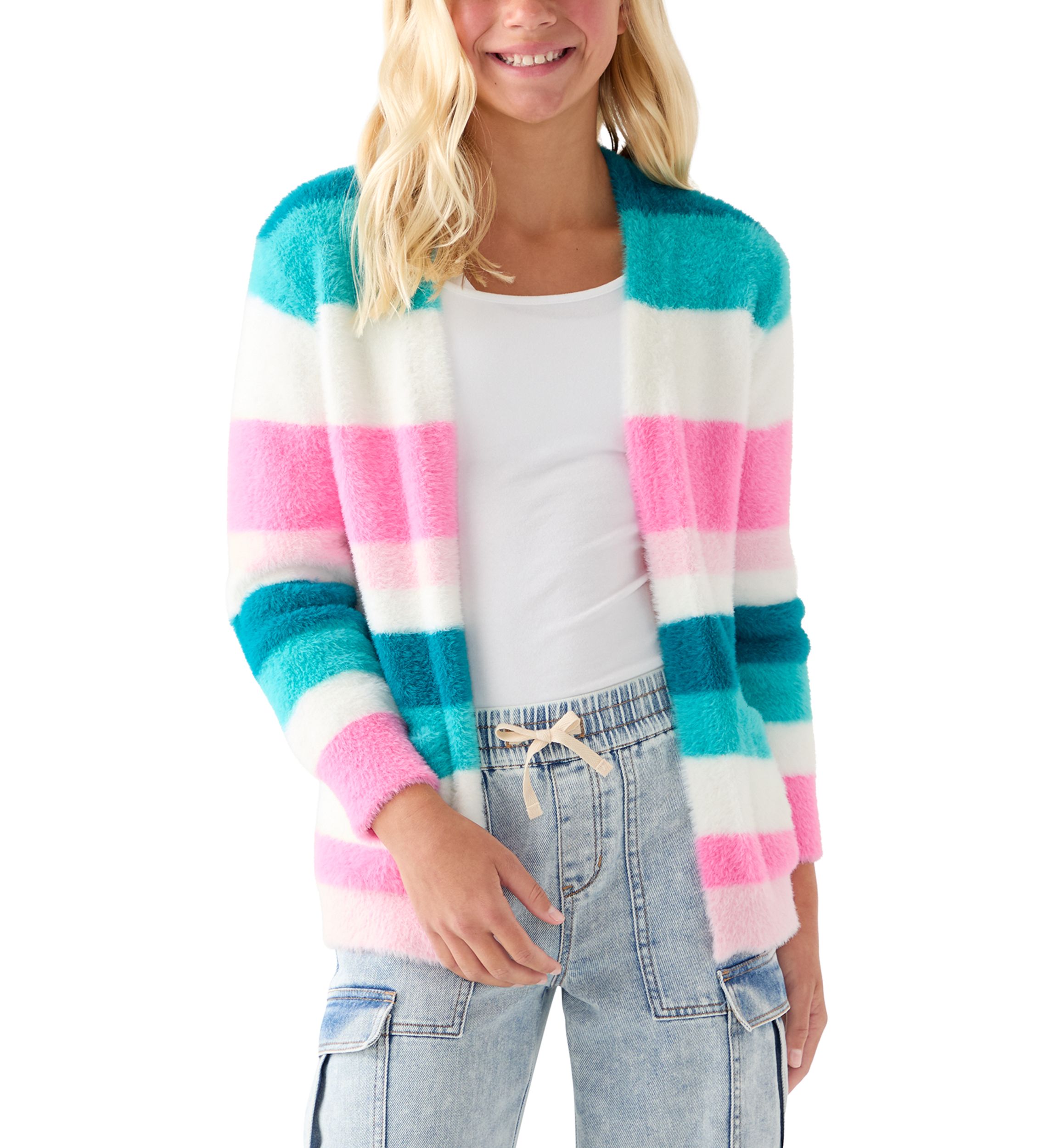 Girls 7-16 Stripped Combo Long Sleeve Cardigan