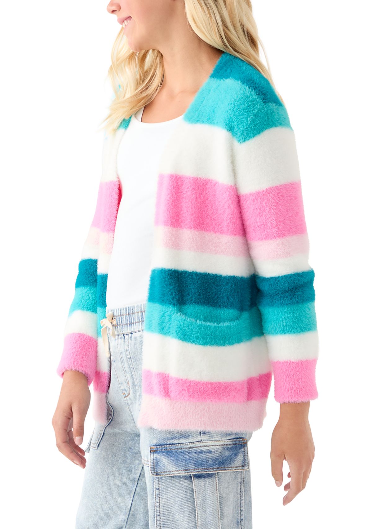 Girls 7-16 Stripped Combo Long Sleeve Cardigan