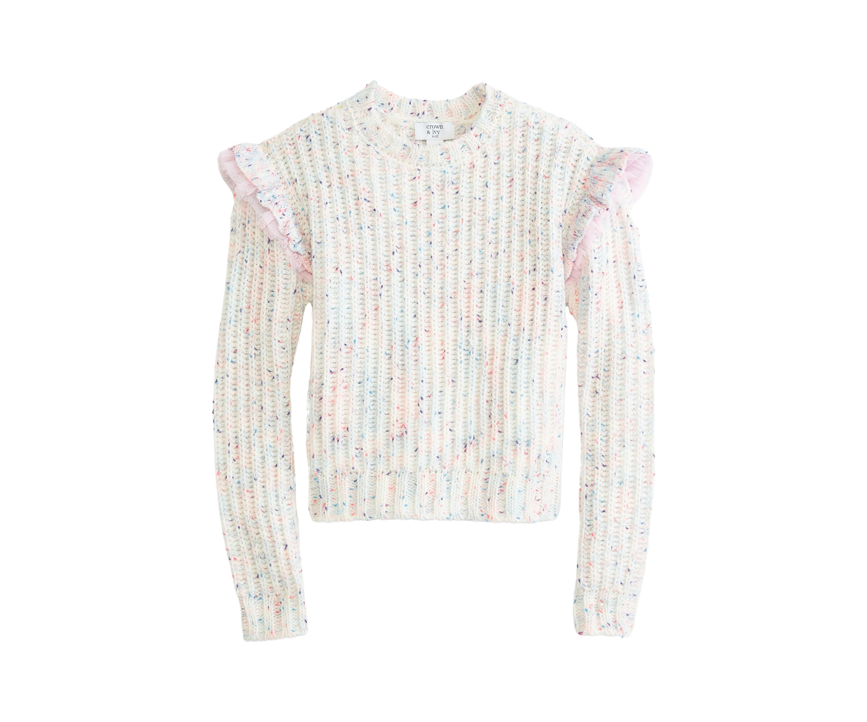 Girls 4-6x Long Sleeve Sweater with Ruffle Shoulders